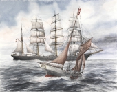 Zum Vergrößern auf das Bild klicken Viermastbark „Polymnia“ beim Lotsenschoner